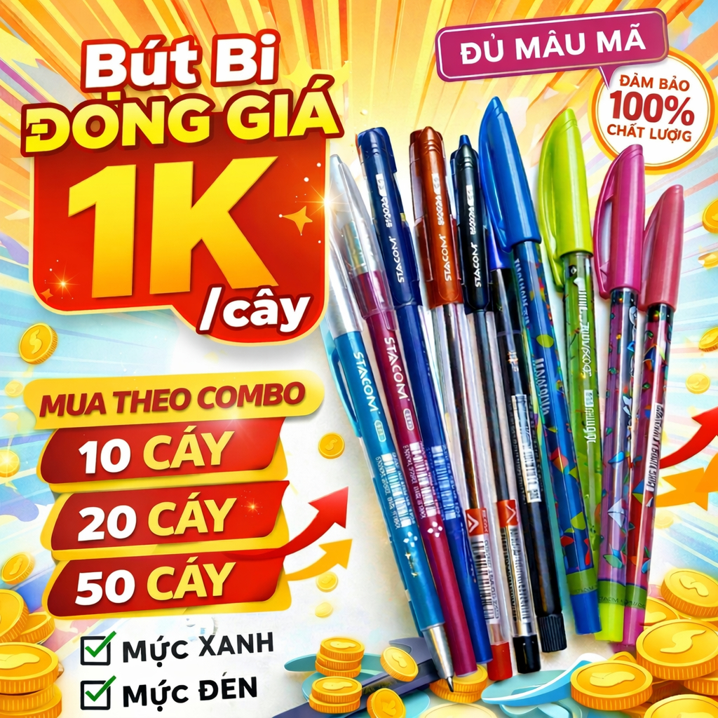 [ĐỒNG GIÁ 1K] Combo 10/20/50 Bút bi nắp đậy, mực xanh, đầu bi 0.6mm, xuất xứ Ấn Độ <gọp nhiều mẫu> |