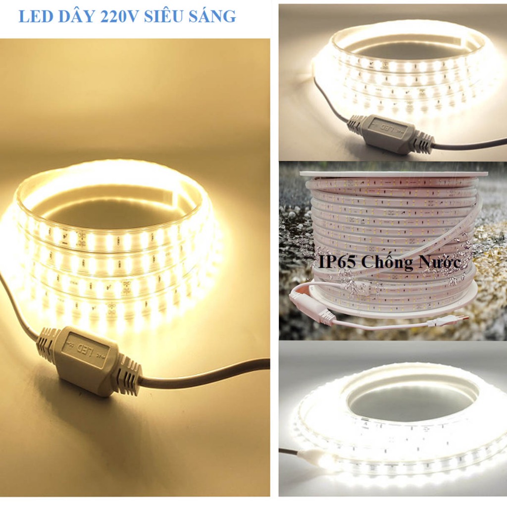 Led dây 220V ánh sáng vàng, ánh sáng trắng,  giá tốt, IP65 ( Sử dụng kèm nguồn led 220V )