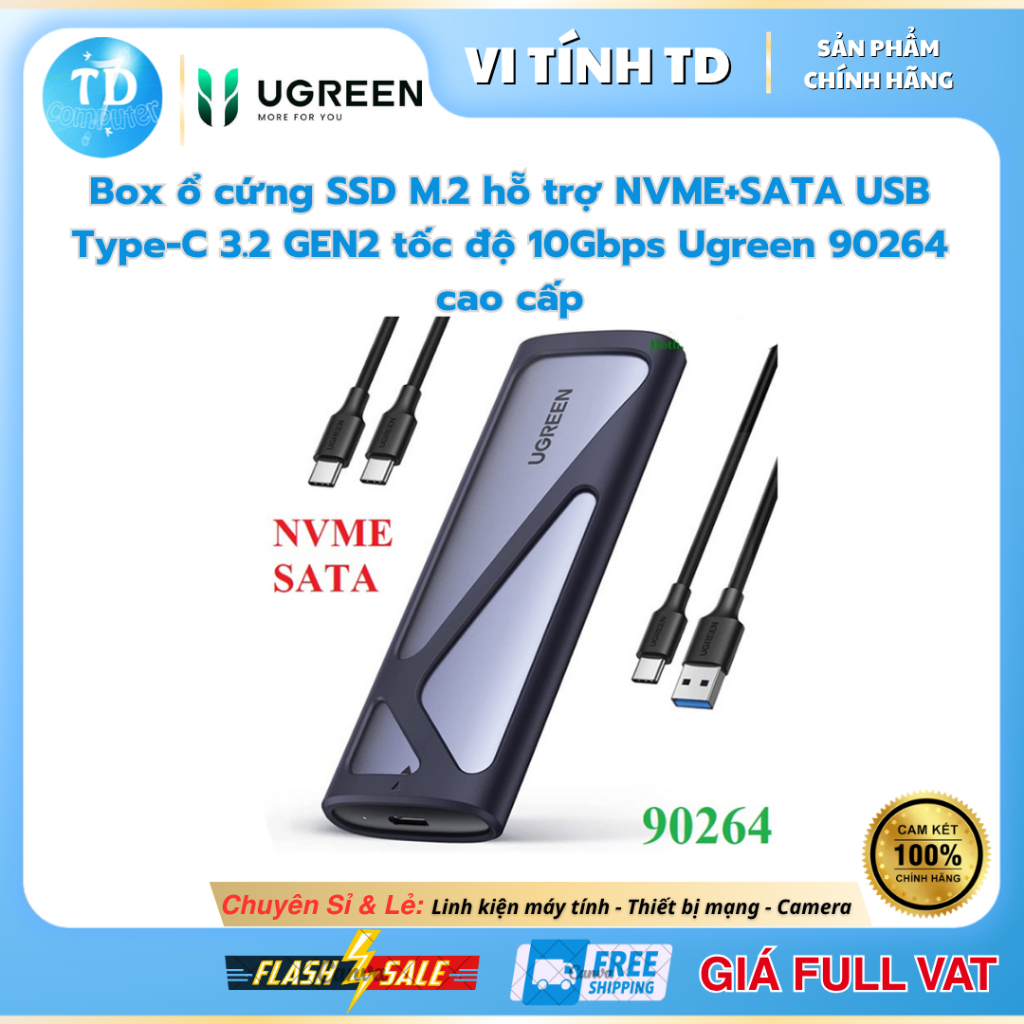 Box SSD M.2 NVMe + SATA Ugreen 90264 – USB Type-C 3.2 Gen2 10Gbps, Hỗ Trợ 2TB -  Hàng Chính Hãng