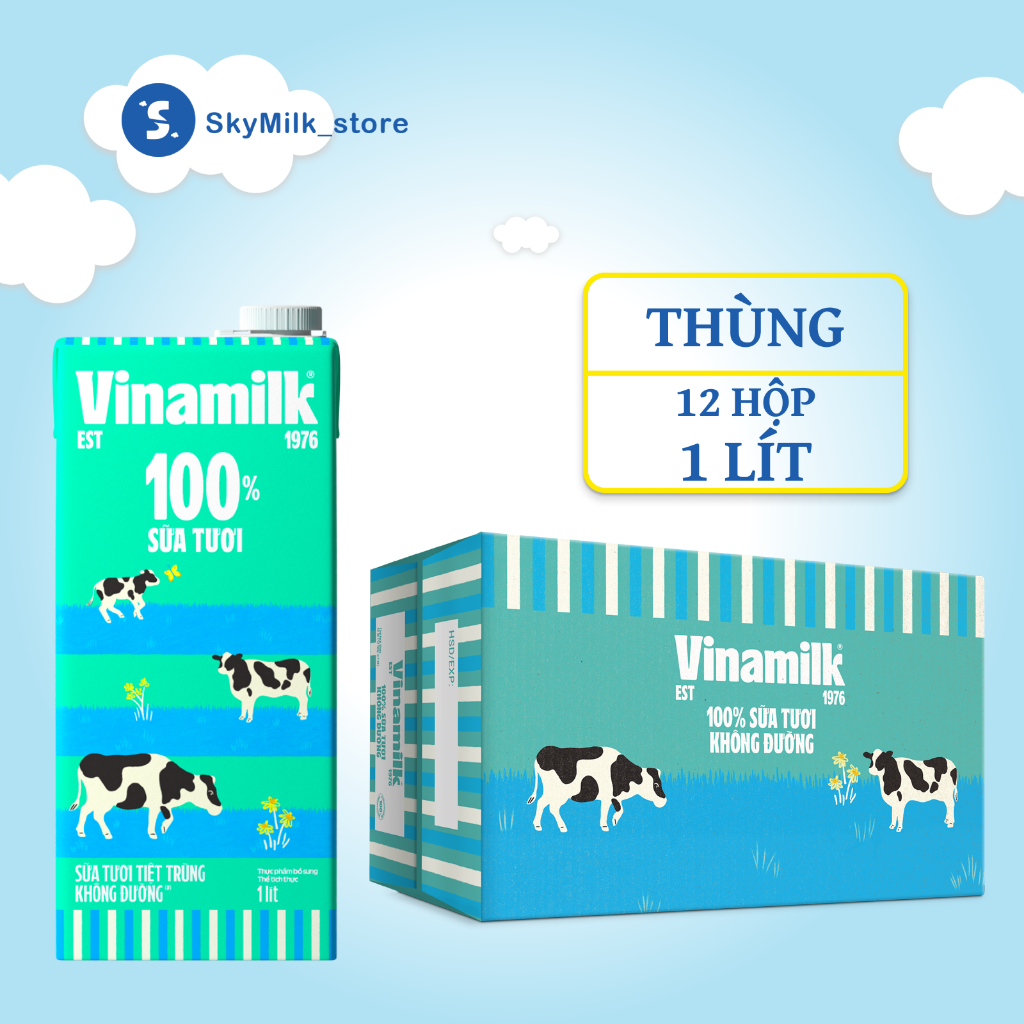 CHỈ BÁN HOẢ TỐC - Thùng 12 Hộp 1 Lít Sữa tươi tiệt trùng Không đường Vinamilk 100% - Sữa Vinamilk