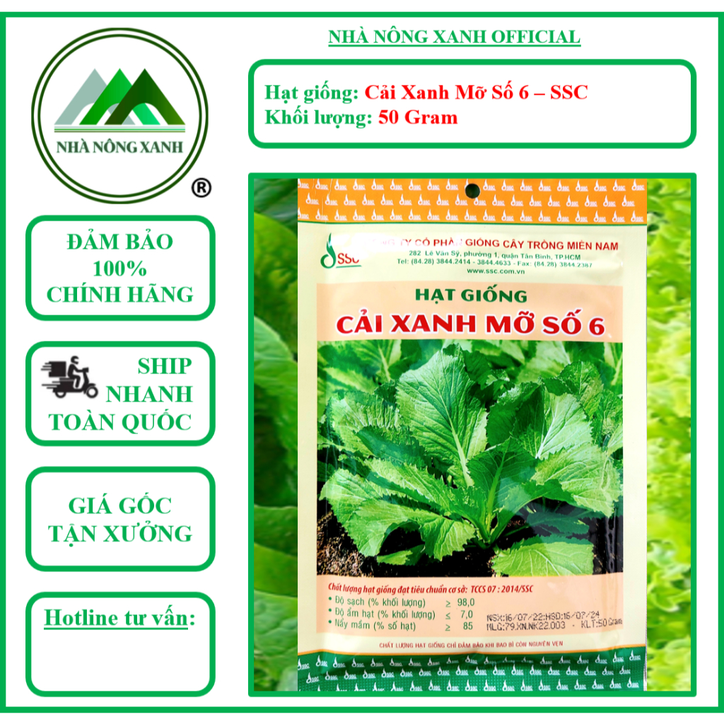 Hạt Giống CẢI XANH MỠ SỐ 6 - Gói 50Gr - GCT Miền Nam - SSC - Nhà Nông Xanh - Cải Xanh - Cải Cay - Cả