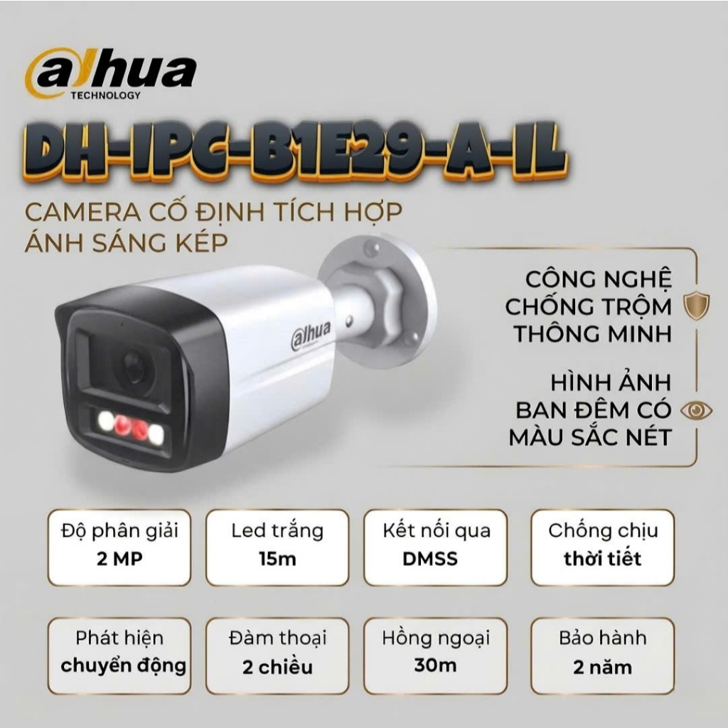 Camera IP Dahua 2MP DH-IPC-B1E29-A-IL Ngoài Trời – Ghi Hình Màu Ban Đêm, Chống Nước IP67