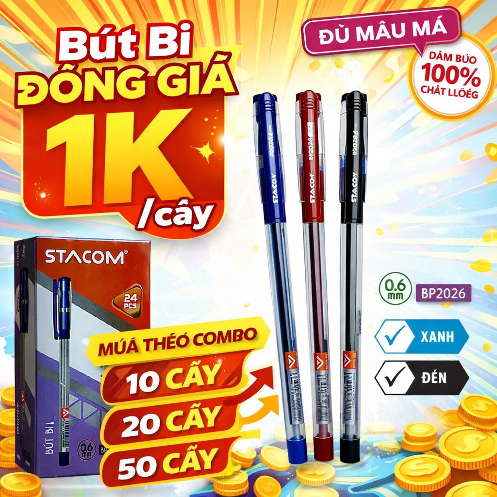 [ĐỒNG GIÁ 1K/CÂY] Combo 10/20/50 cây bút bi mực gốc dầu | Đầu bi 0.6mm, mực siêu mượt, nhập Ấn Độ | 