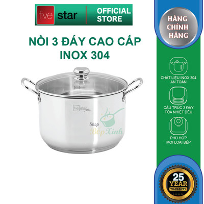 Nồi Luộc Gà Inox 304 3 Đáy Fivestar Plus 28cm Nắp Kính, Dung Tích 12L, Dùng Mọi Loại Bếp