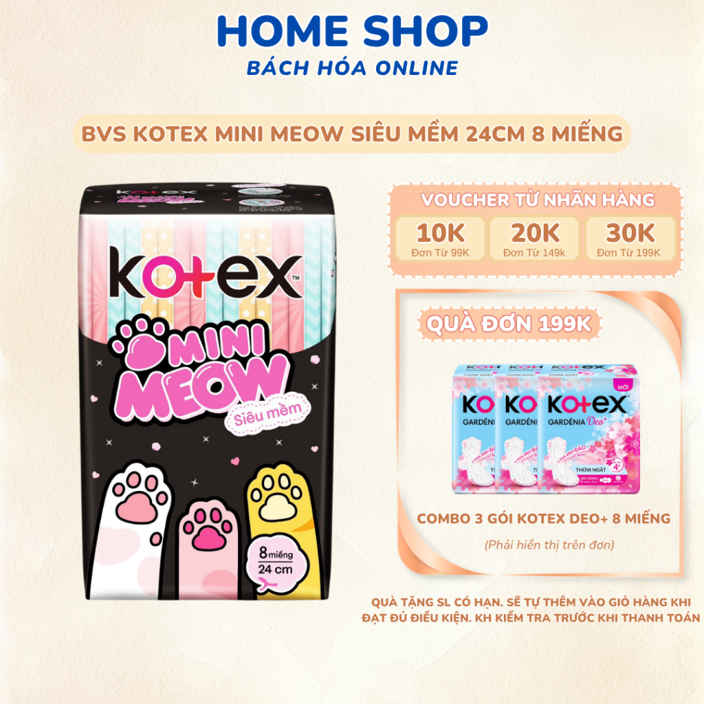 BĂNG VỆ SINH KOTEX MINIMEOW SIÊU MỎNG SIÊU MỀM CÓ CÁNH 24CM 8 MIẾNG