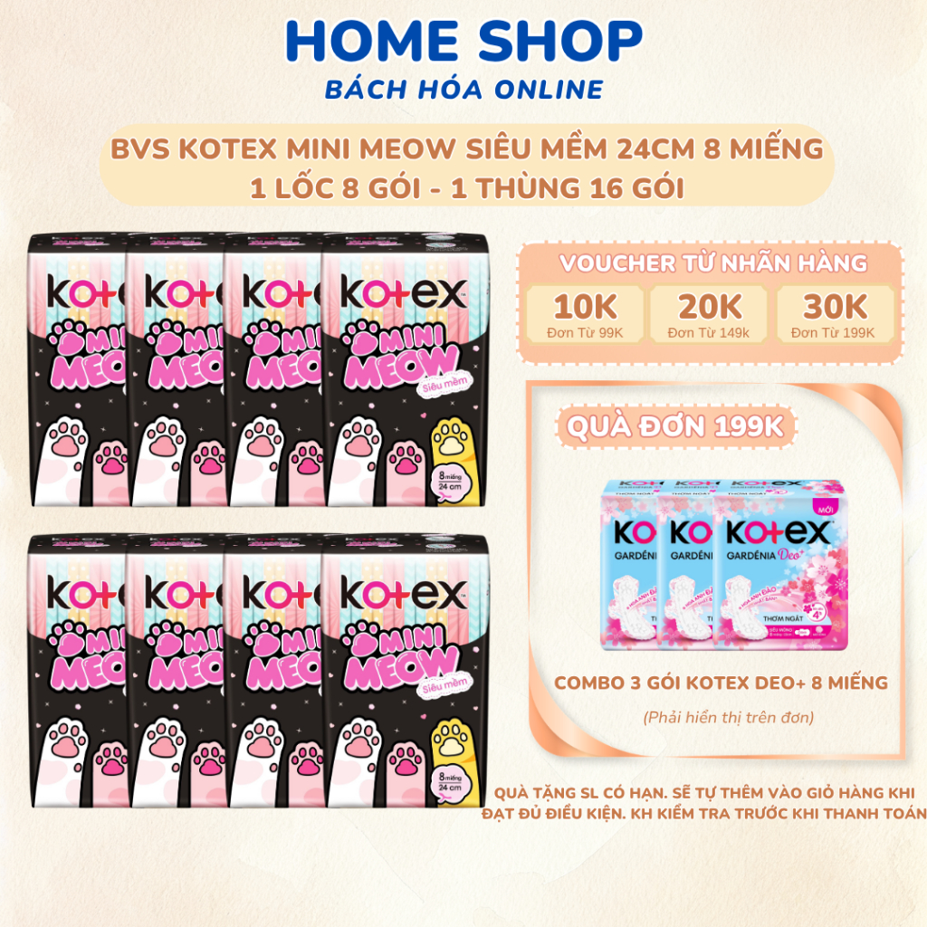 [LỐC 8 GÓI] BĂNG VỆ SINH KOTEX MINIMEOW SIÊU MỎNG SIÊU MỀM CÓ CÁNH 24CM 8 MIẾNG