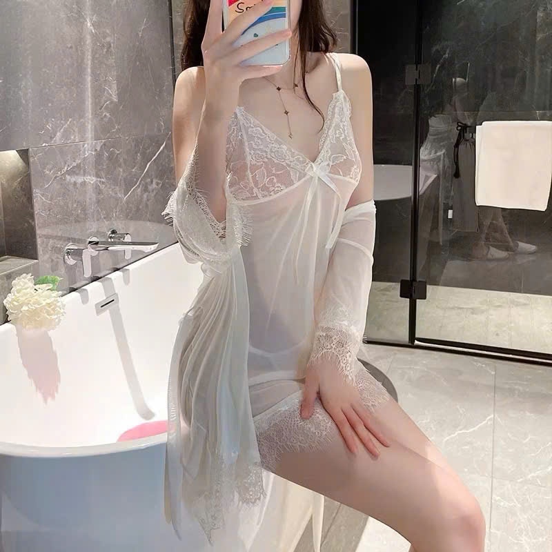 Set 4 món Váy ngủ 2 dây kèm Áo choàng chất liệu ren mềm mỏng Freesize cho nàng dưới 55kg chiều cao dưới 1m6 Dn59 | BigBuy360 - bigbuy360.vn