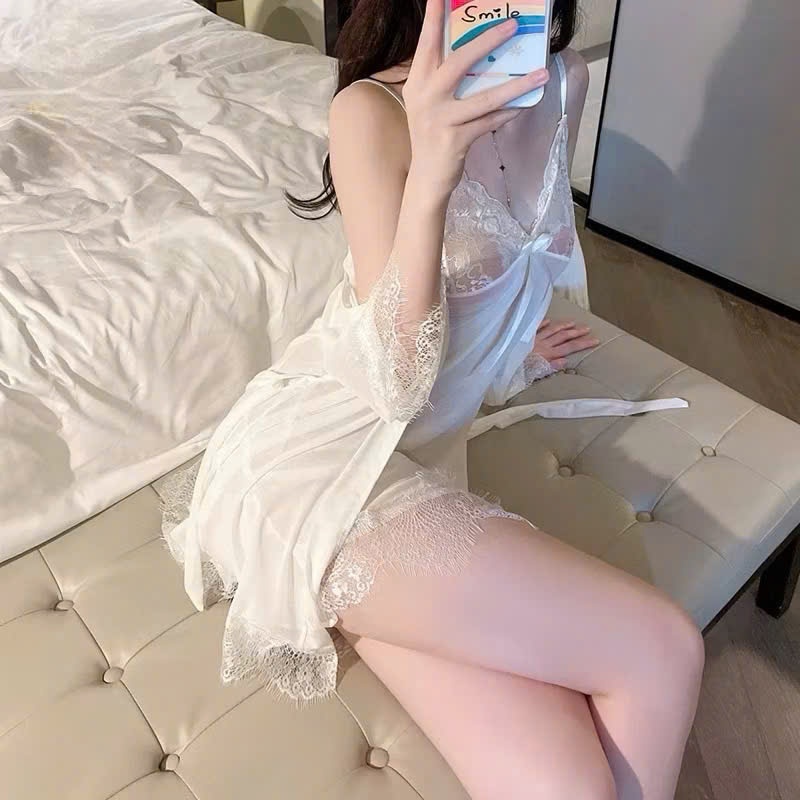 Set 4 món Váy ngủ 2 dây kèm Áo choàng chất liệu ren mềm mỏng Freesize cho nàng dưới 55kg chiều cao dưới 1m6 Dn59 | BigBuy360 - bigbuy360.vn