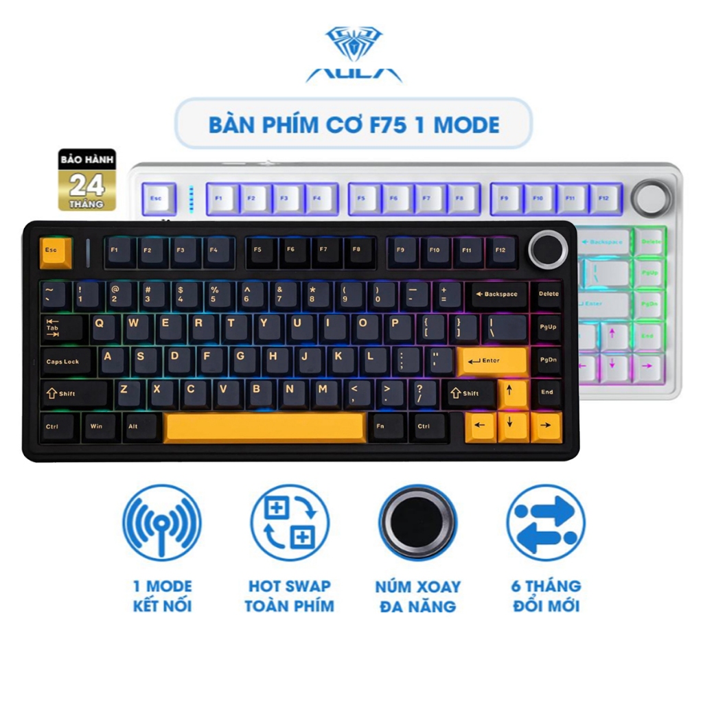 Bàn phím cơ 75% 1 mode có dây AULA F75 20 hiệu ứng LED ánh sáng, có hotswap 5 pin, núm xoay đa chức 