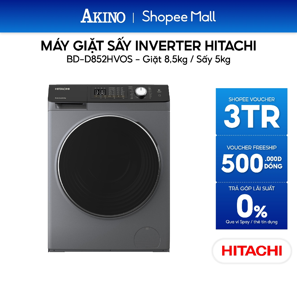 BD-D852HVOS | Máy giặt sấy Lồng Ngang Hitachi Inverter 8.5/5kg BD-D852HVOS - Hàng Chính Hãng