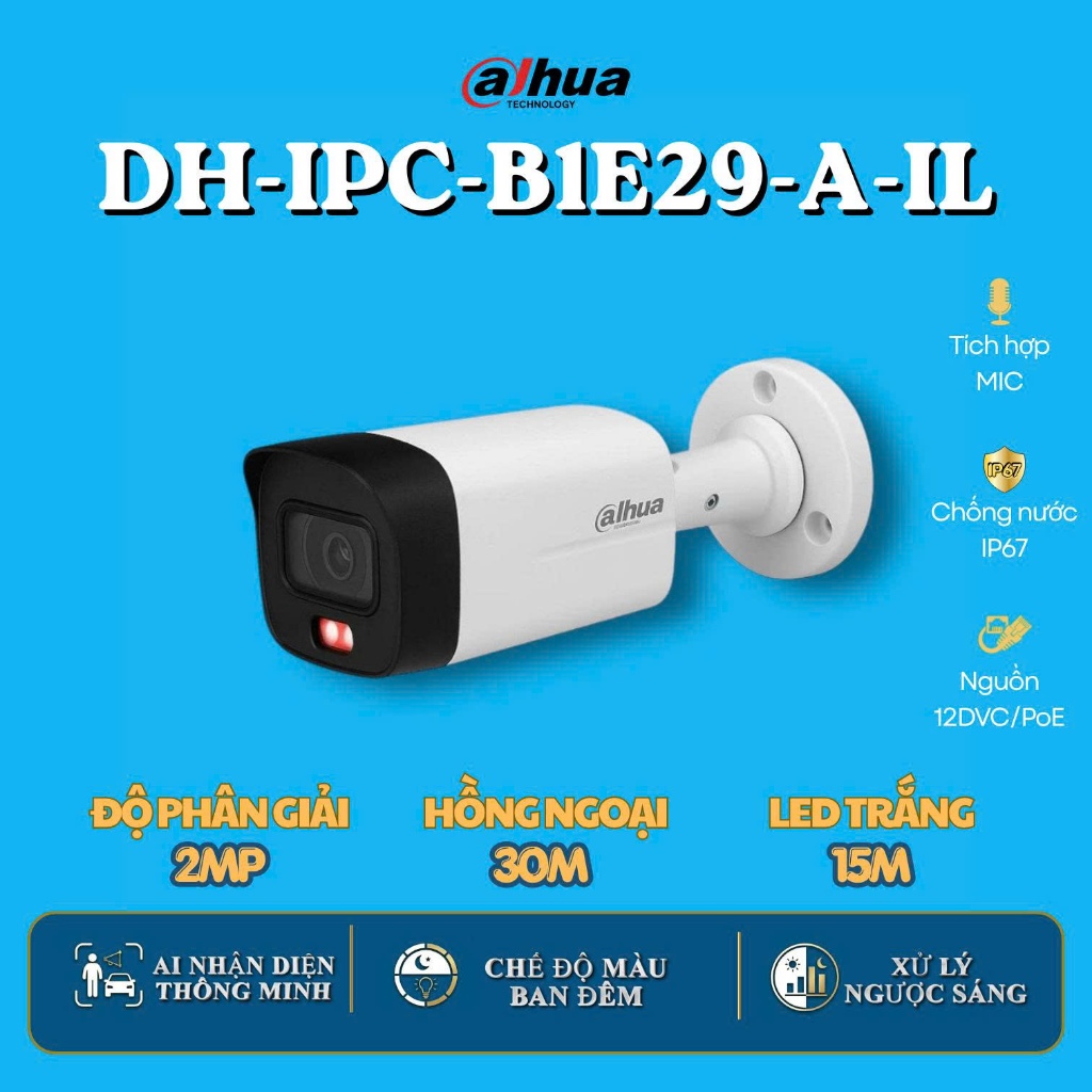 Camera IP Dahua 2MP DH-IPC-B1E29-A-IL – Ngoài Trời, Có Màu Ban Đêm, Cố Định, Hồng Ngoại 30m