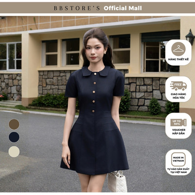 BBSTORE'S Đầm Xoè Công Sở Cotton Ngắn Lá Cổ Sen Hai Hàng Khuy Đôi Lai Bầu - DAD21T