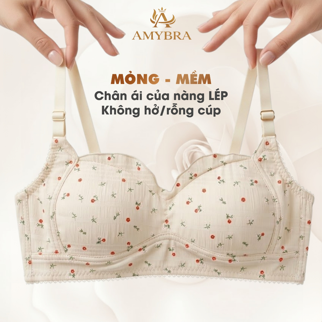 Áo Ngực Không Gọng Mút Mỏng Nâng Đỡ Nhẹ Nhàng, Áo Lót Cotton Mềm Mại Hoạ Tiết Dễ Thương AMYBRA A739