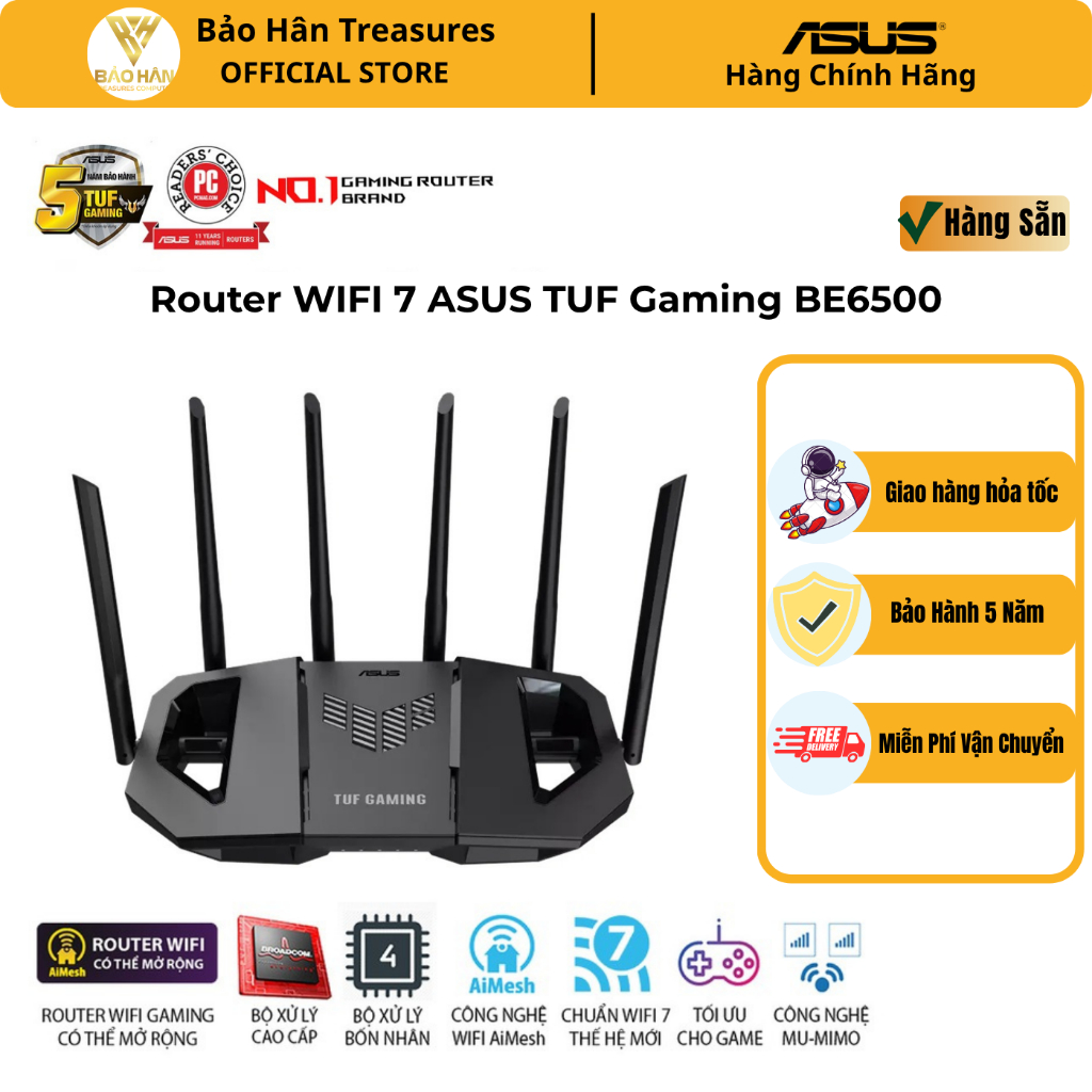 Router Wifi 7 Asus TUF Gaming BE6500 ( TUF-BE6500 ) Chuẩn Wifi 7, 2 băng tần cổng WAN & LAN 2.5GbE -