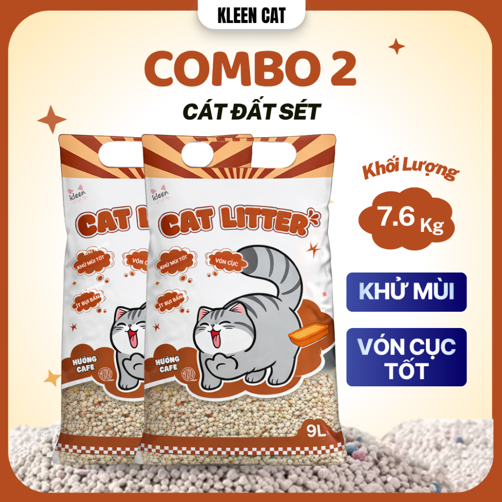 Combo 2 Túi Cát Mèo Kleen 9L/Túi Đất Sét Khử Mùi KLEEN CAT, Cát Vệ Sinh Mèo Vón Cục Tốt