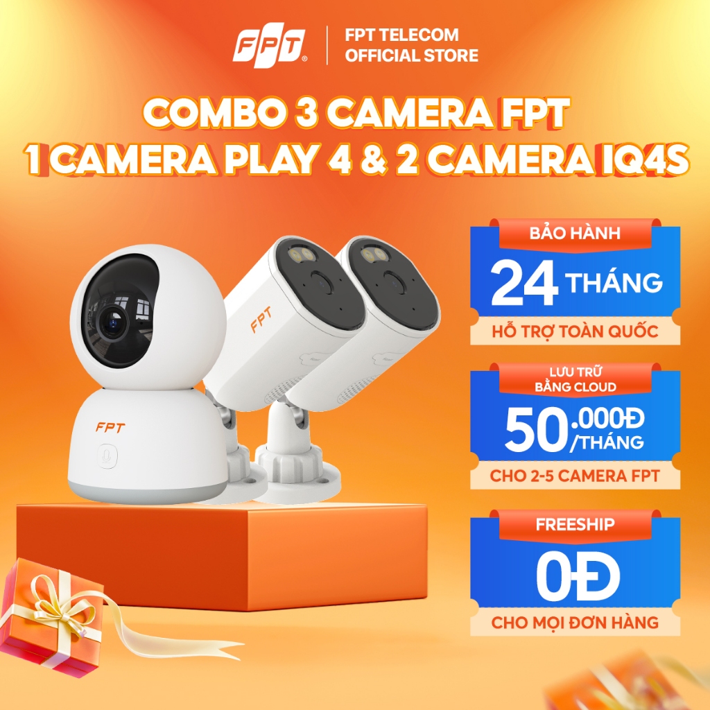 [1 TRIỆU 3 CAM - DEAL ĐỘC QUYỀN] Combo 3 Camera FPT an ninh AI (1 Play 4 & 2 IQ4S) - Lưu Trữ Bằng Cl