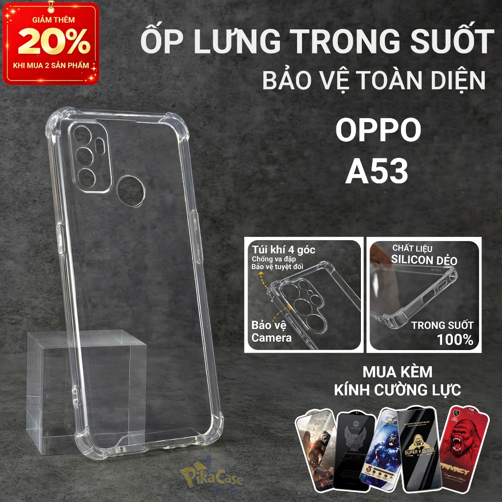 Ốp lưng Oppo A53 Pikacase trơn trong suốt | Ốp điện thoại Oppo dẻo bảo vệ camera đt toàn diện