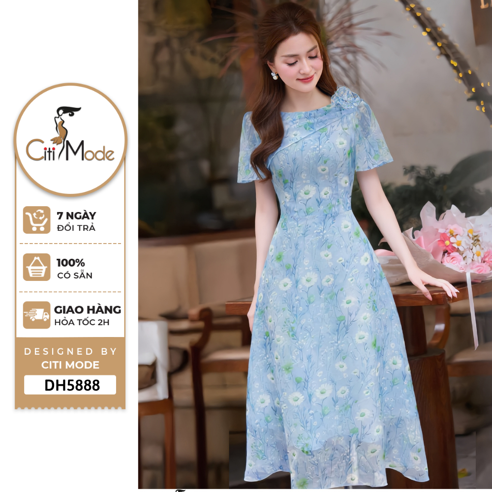 Đầm công sở CITI MODE FASHION thiết kế Đầm xòe  hoa xanh ,tay rũ, cổ thuyền DH5888