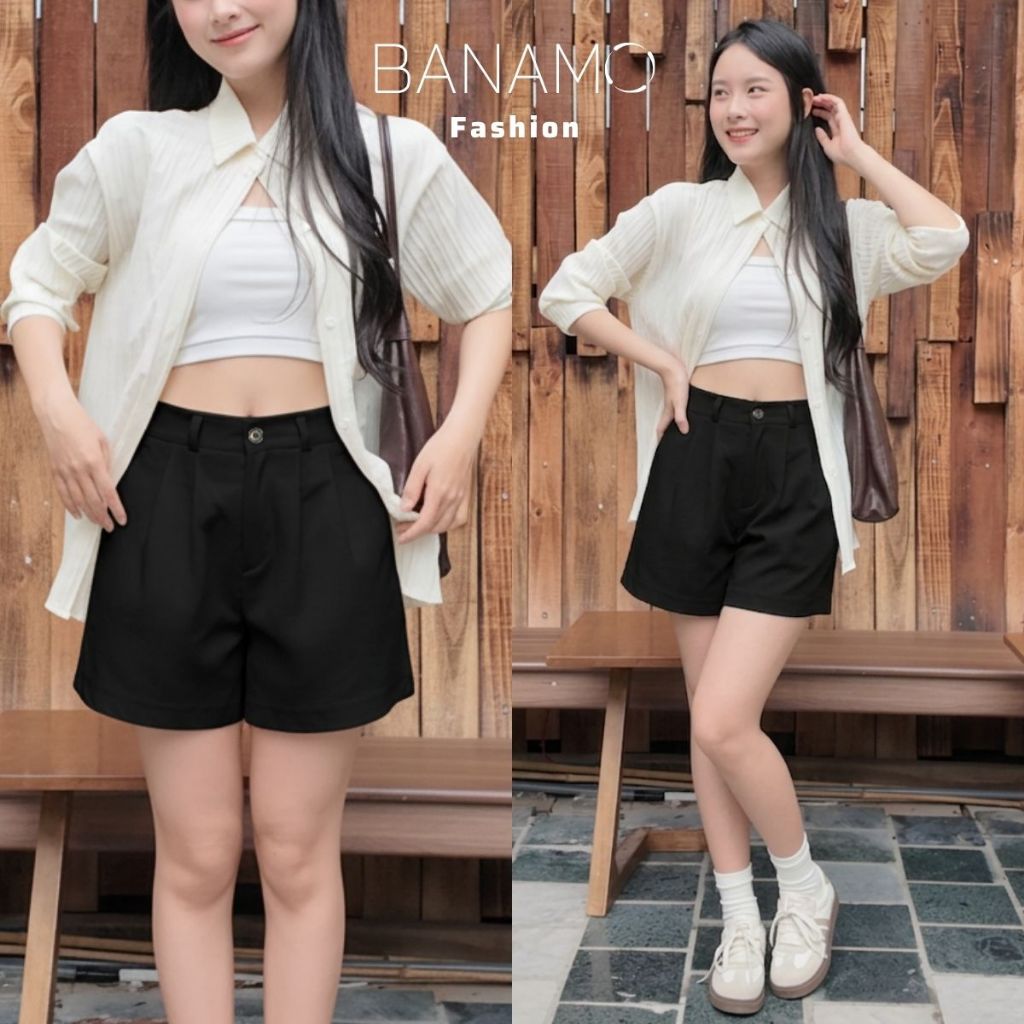 Quần short kaki nữ BIGSIZE Banamo Fashion quần cạp cao xếp ly form rộng trẻ trung năng động phong cách Hàn Quốc 680 | BigBuy360 - bigbuy360.vn