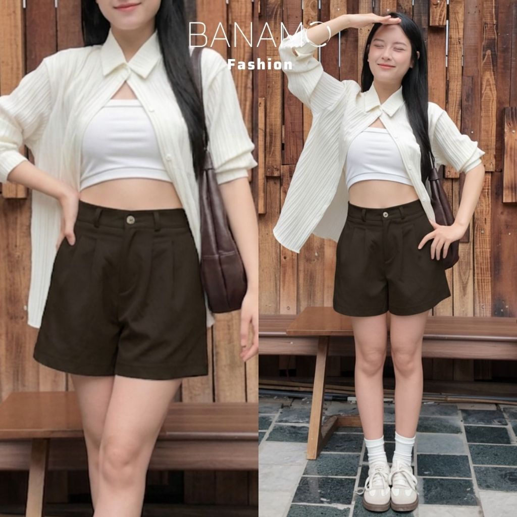 Quần short kaki nữ BIGSIZE Banamo Fashion quần cạp cao xếp ly form rộng trẻ trung năng động phong cách Hàn Quốc 680 | BigBuy360 - bigbuy360.vn