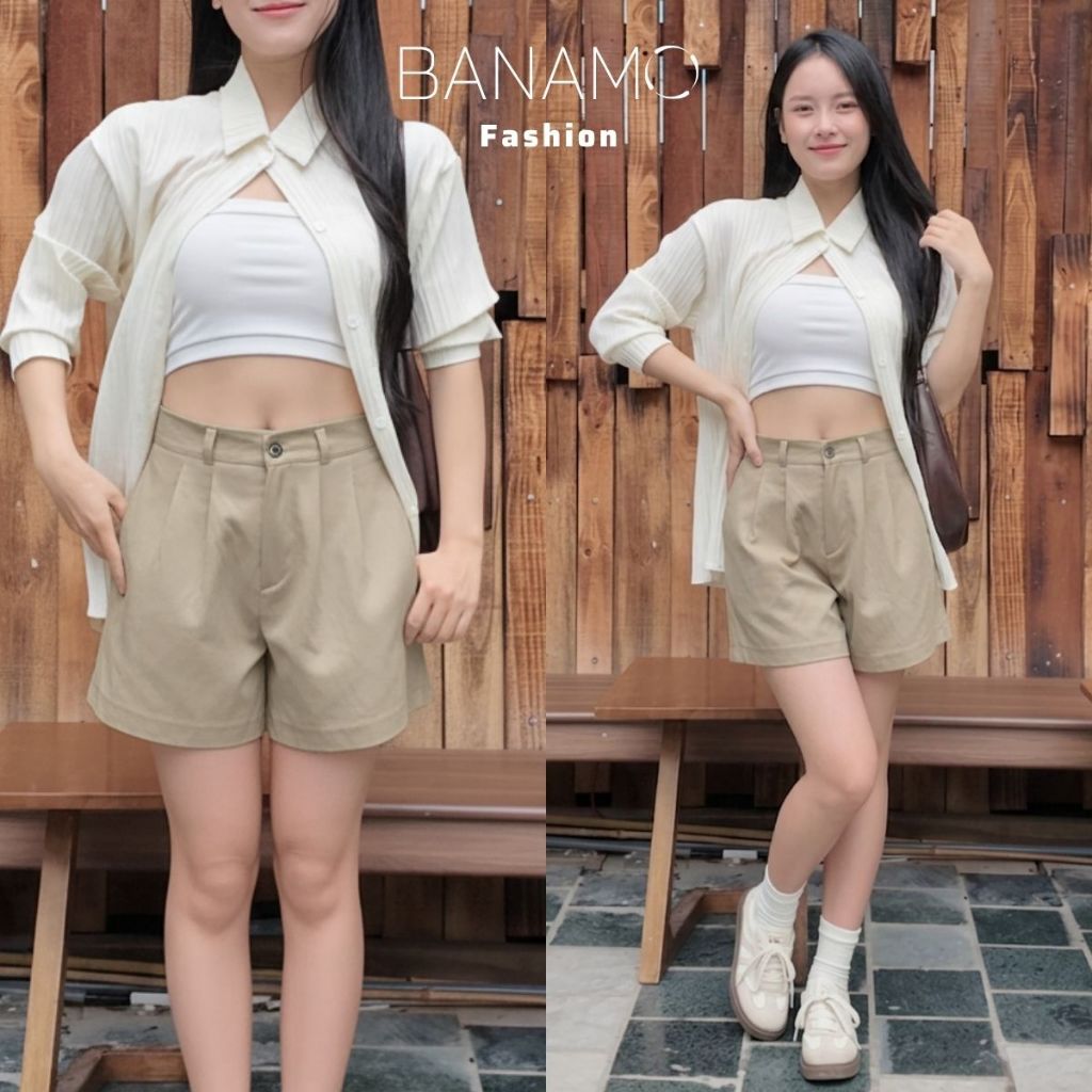 Quần short kaki nữ BIGSIZE Banamo Fashion quần cạp cao xếp ly form rộng trẻ trung năng động phong cách Hàn Quốc 680 | BigBuy360 - bigbuy360.vn