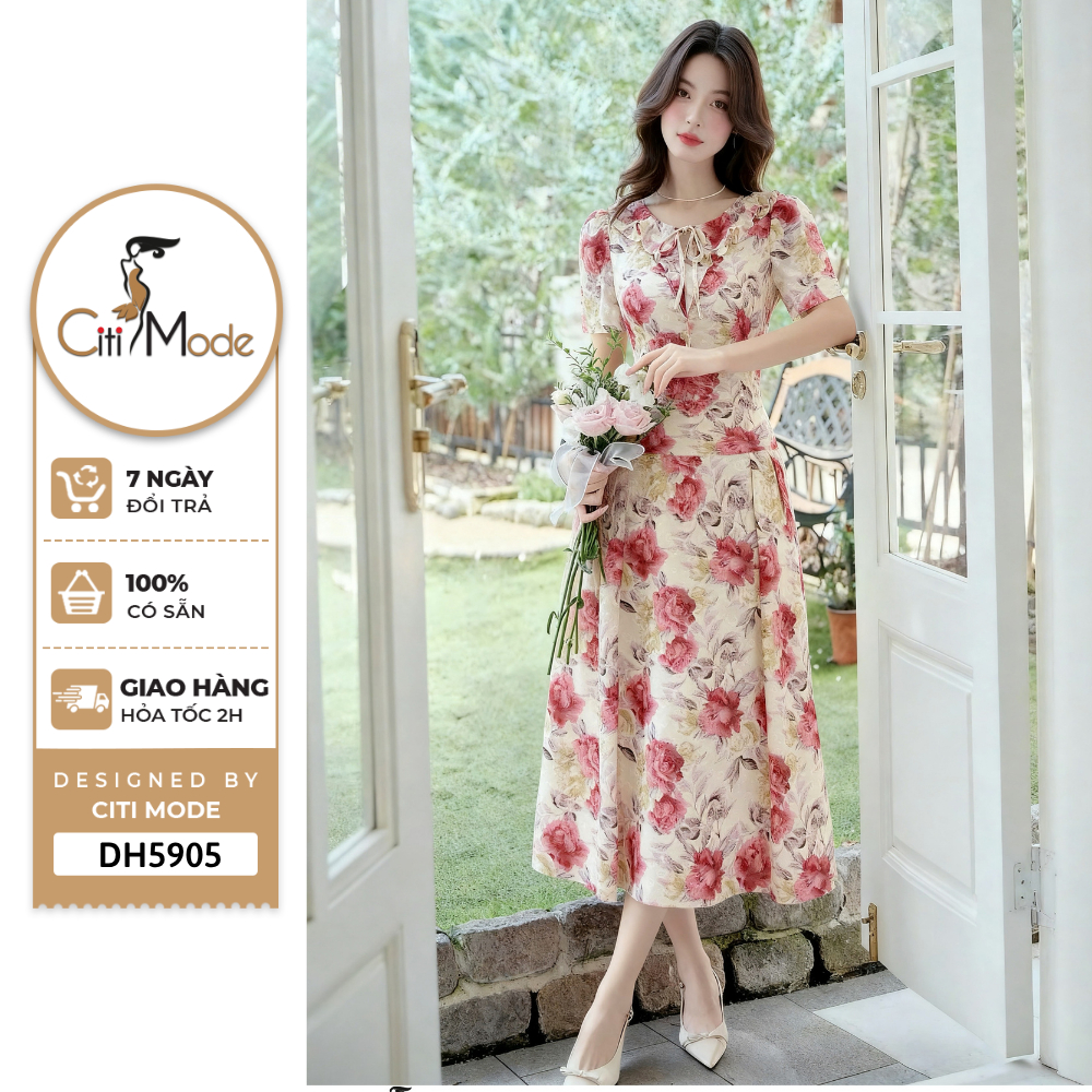 Đầm công sở CITI MODE FASHION thiết kế Đầm xòe hoa đỏ cổ bèo cách điệu DH5905