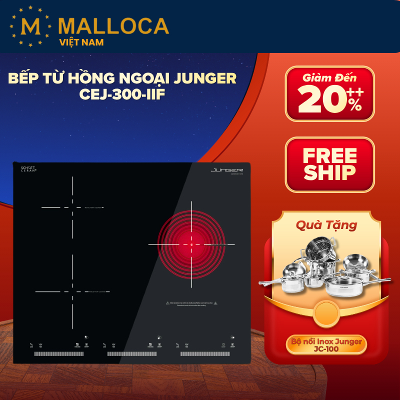 Bếp Từ Hồng Ngoại 3 Vùng Nấu Junger CEJ-300-IIF – Mặt Kính Schott Ceran – Xuất Xứ Thái Lan