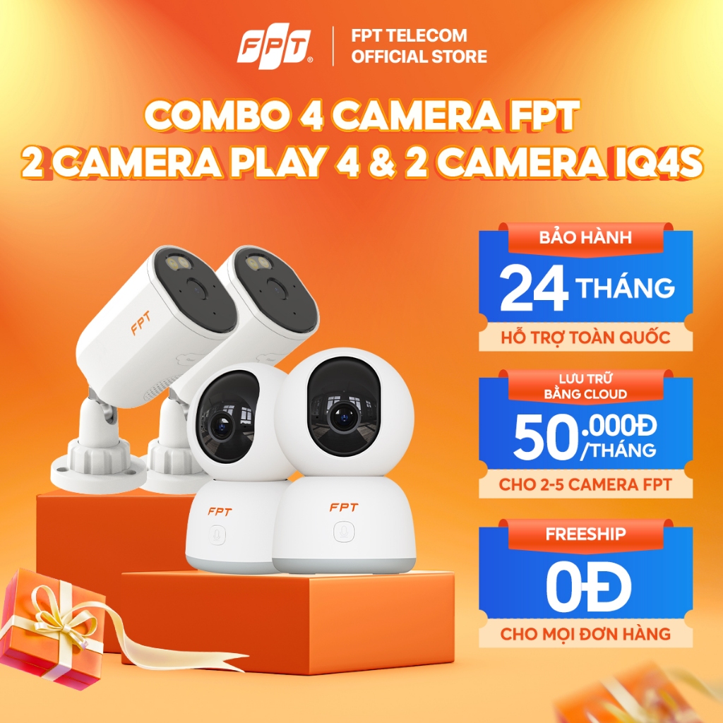 [1 TRIỆU 3 CAM - DEAL ĐỘC QUYỀN] Combo 4 Camera FPT an ninh AI (2 Play 4 & 2 IQ4S) - Lưu Trữ Bằng Cl