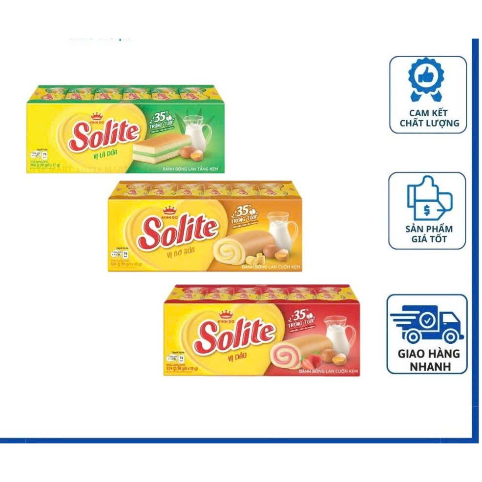 Bánh bông lan cuộn kem vị bơ sữa/Dâu/ Dứa Solite hộp 324g
