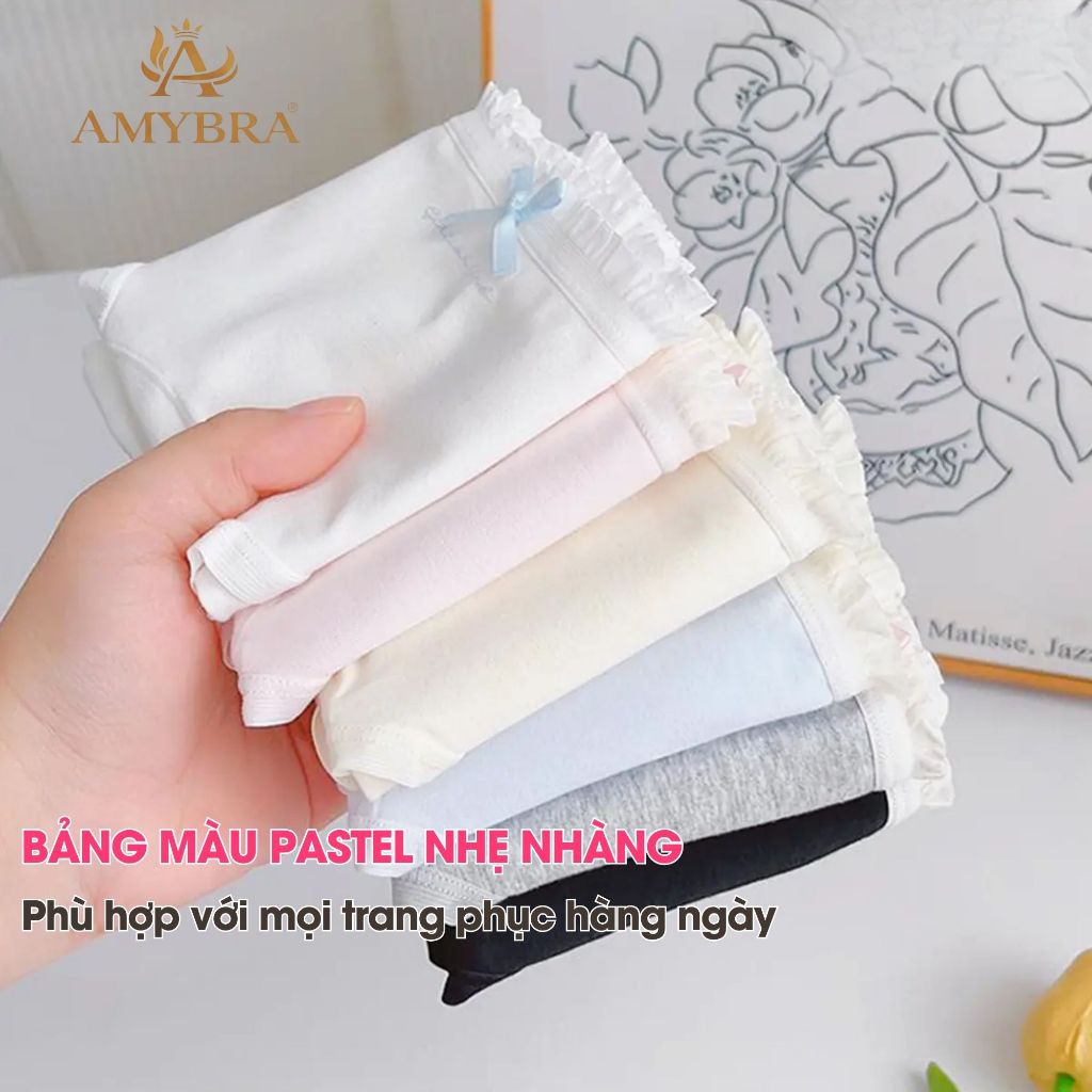 Quần Lót Nữ Cotton Viền Ren Đính Nơ, Quần Chip Nữ Mềm Thoáng Khí Đáy 2 Lớp Kháng Khuẩn AMYBRA L4119