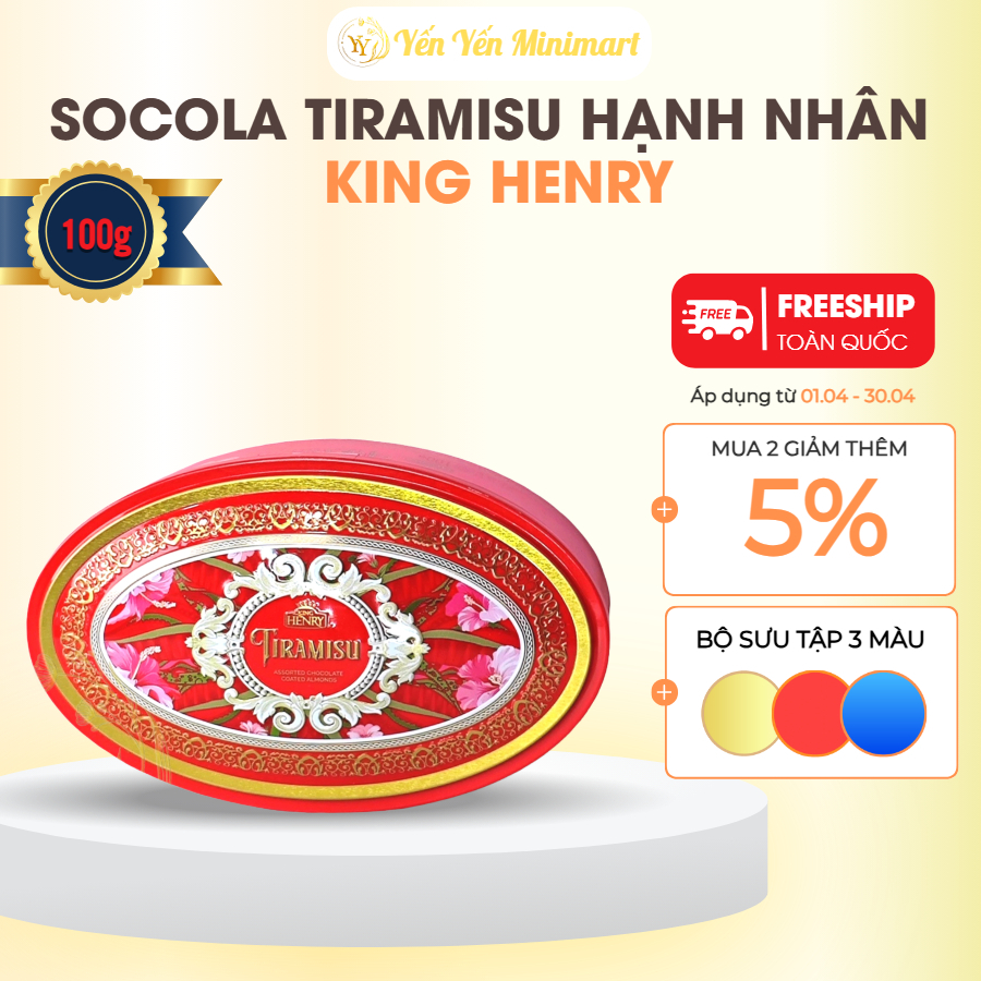 King Henry - Socola Tiramisu Thập Cẩm Bọc Hạnh Nhân 110g - Hộp Thiếc Dập Nổi Siêu Đẹp