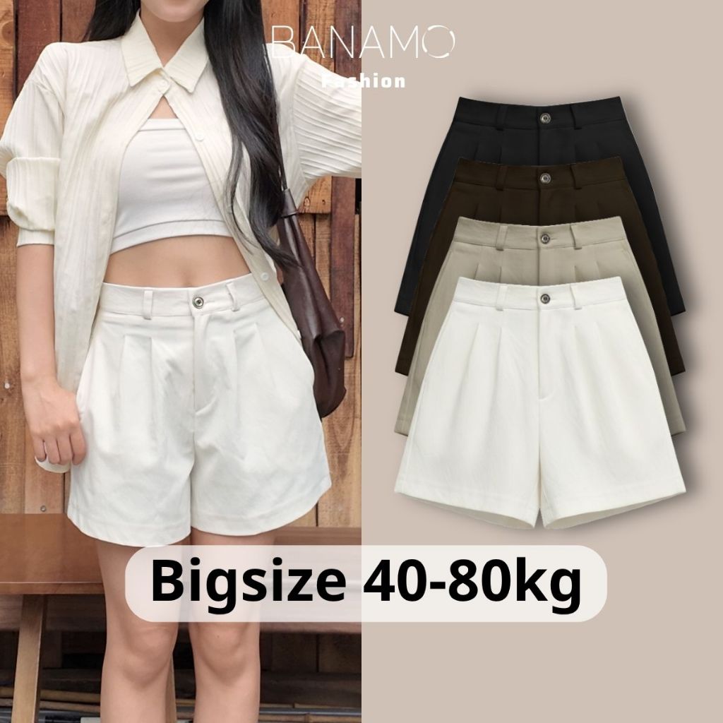 Quần short kaki nữ BIGSIZE Banamo Fashion quần cạp cao xếp ly form rộng trẻ trung năng động phong cách Hàn Quốc 680 | BigBuy360 - bigbuy360.vn