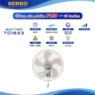 (Mẫu mới 2026)Quạt treo tường SENKO TC1623 - Công suất 60W - Chính hãng- Màu Ngẫu Nhiên