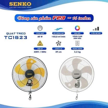 (Mẫu mới 2026)Quạt treo tường SENKO TC1623 - Công suất 60W - Chính hãng- Màu Ngẫu Nhiên