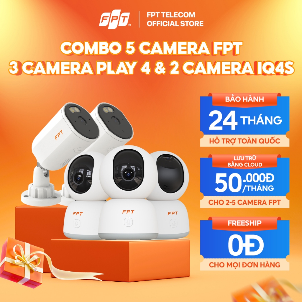 [1 TRIỆU 3 CAM - DEAL ĐỘC QUYỀN] Combo 5 Camera FPT an ninh AI (3 Play 4 & 2 IQ4S) - Lưu Trữ Bằng Cl