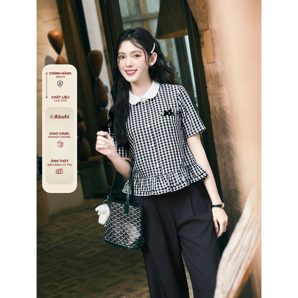Áo Sơmi Nữ Oreo ABUHI Ngắn Tay Thiết Kế Cổ Mix Trắng Bèo Gấu Hoạ Tiết Caro Thanh Lịch