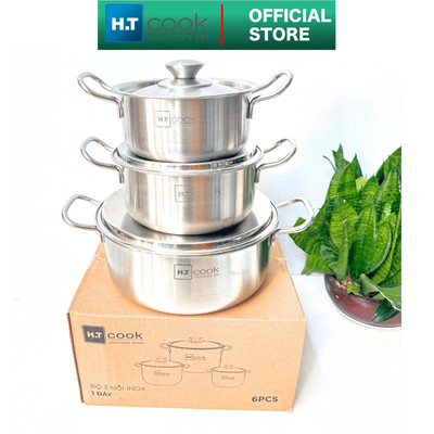 Bộ Nồi Inox 1 Đáy Fivestar H.T Cook HT-06DN 3 Món Nắp Inox, Size 16-18-24cm, Dùng Bếp Từ, Gas, Hồng Ngoại
