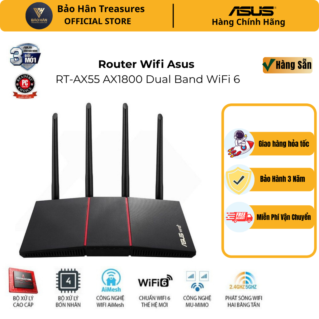 Router Wifi Asus RT-AX55 Chuẩn AX1800 Dual Band WiFi 6 (router WiFi có thể mở rộng) - Hàng Chính Hãn