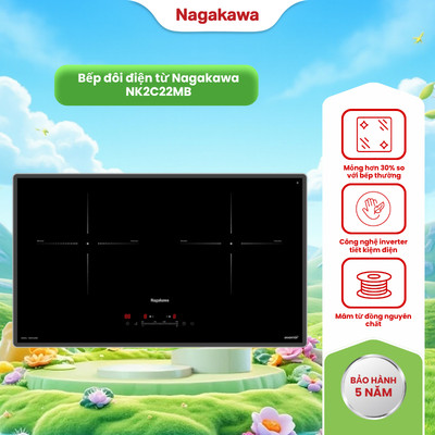 Bếp đôi điện từ Nagakawa UltraSlim NK2C22MB, công nghệ Inverter tiết kiệm điện, 9 mức công suất linh hoạt