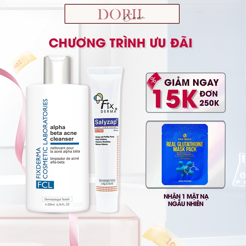 Fixderma Sữa Rửa Mặt Giảm Mụn Cho Da Nhờn FCL Alpha-Beta Acne 200ml  & Gel Làm Giảm Mụn Salyzap (Day