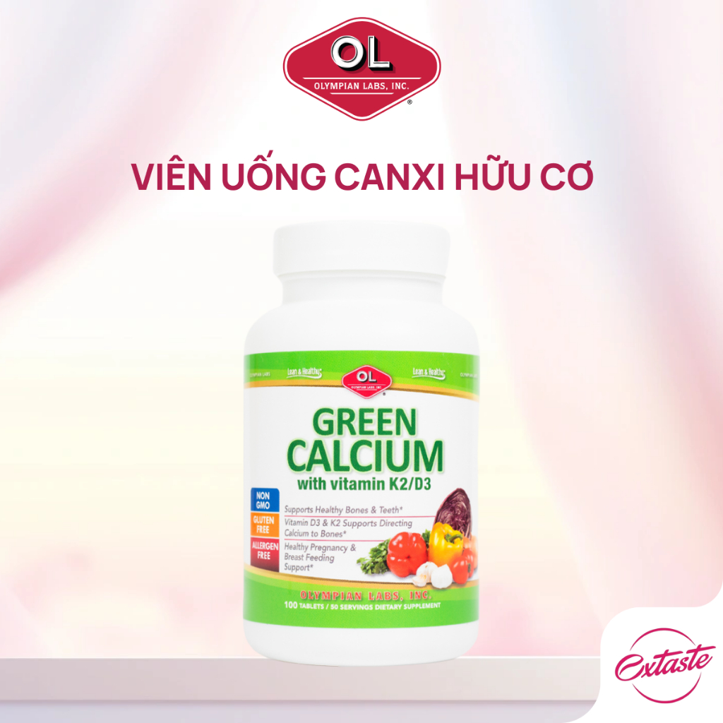 Viên uống canxi hữu cơ cho cơ thể Olympian Labs Green Calcium with Vitamin K2/D3 hộp 100 viên