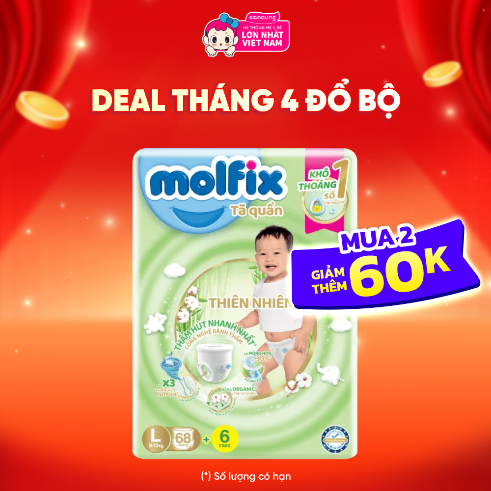 Bỉm tã dán Molfix thiên nhiên (L, 9-13kg, 68 miếng) - concung