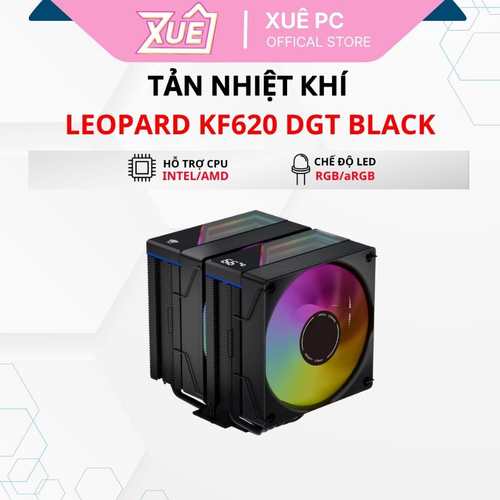 Tản nhiệt CPU Jungle Leopard KF620 DGT Black – thiết kế 2 tháp, ARGB hiển thị nhiệt độ