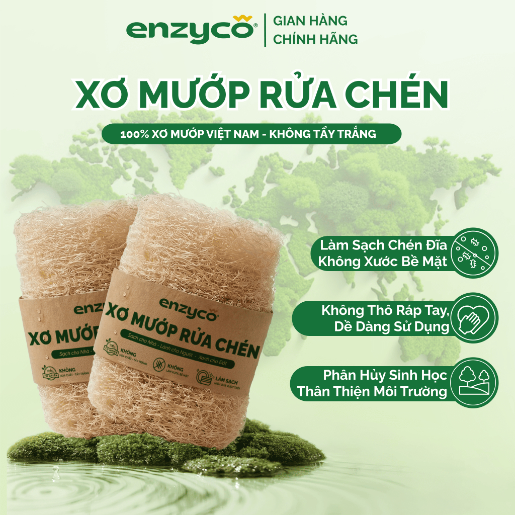 Xơ Mướp Rửa Chén Enzyco - 100% Tự Nhiên, Không Tẩy Trắng, Sạch Mọi Bề Mặt, Thân Thiện Môi Trường