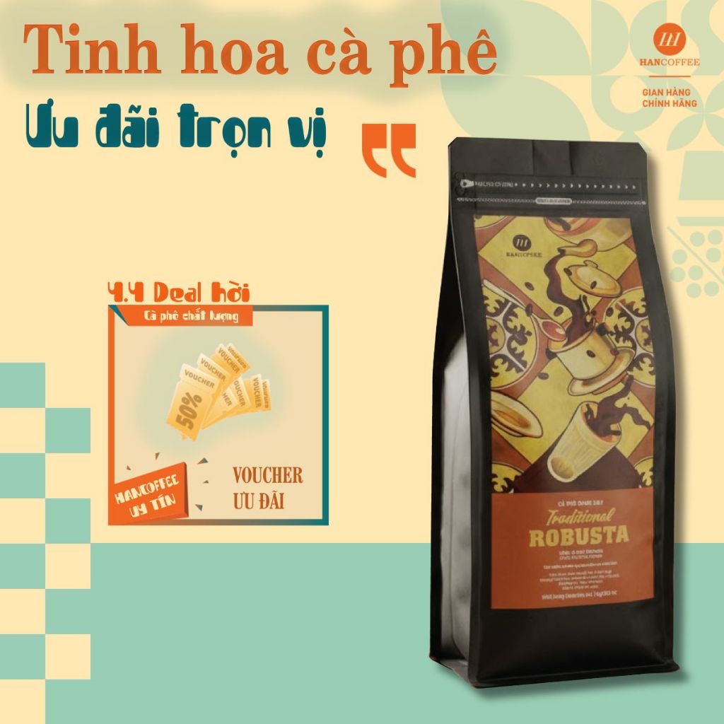 Cà phê rang xay Traditional Robusta HANCOFFEE dạng bột gói 1kg nguyên chất phù hợp pha phin truyền t