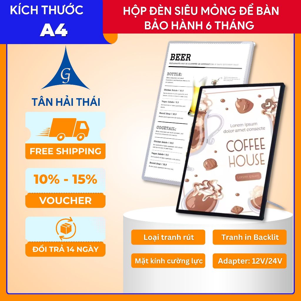 Bảng LED Quảng Cáo Menu A4 Để Bàn, Mặt Kính Cường Lực, Thay Menu Nhanh Chóng | Tân Hải Thái