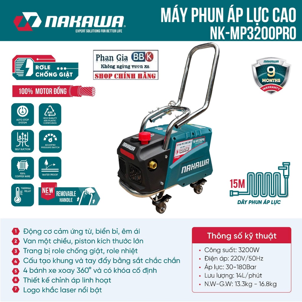 Máy Rửa Xe Nakawa 3200W NK-MP3200PRO Có Chỉnh Áp - Công suất 3200W - 100% Dây Đồng - Bảo hành 12 thá