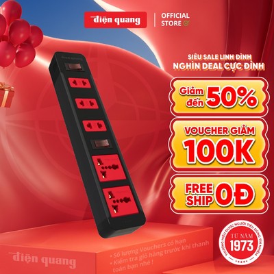 Ổ cắm điện đa năng Điện Quang ĐQ ESK 5BR (5 lỗ kết hợp, 2 công tắc an toàn, màu đen đỏ) -Bảo hành 12 tháng