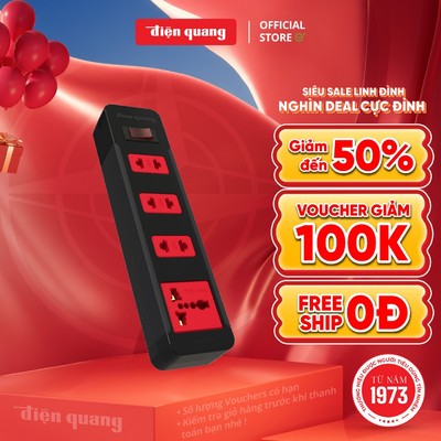 Ổ cắm điện đa năng Điện Quang ĐQ ESK 4BR (4 lỗ kết hợp, 1 công tắc an toàn, màu đen đỏ) - Bảo hành 12 tháng