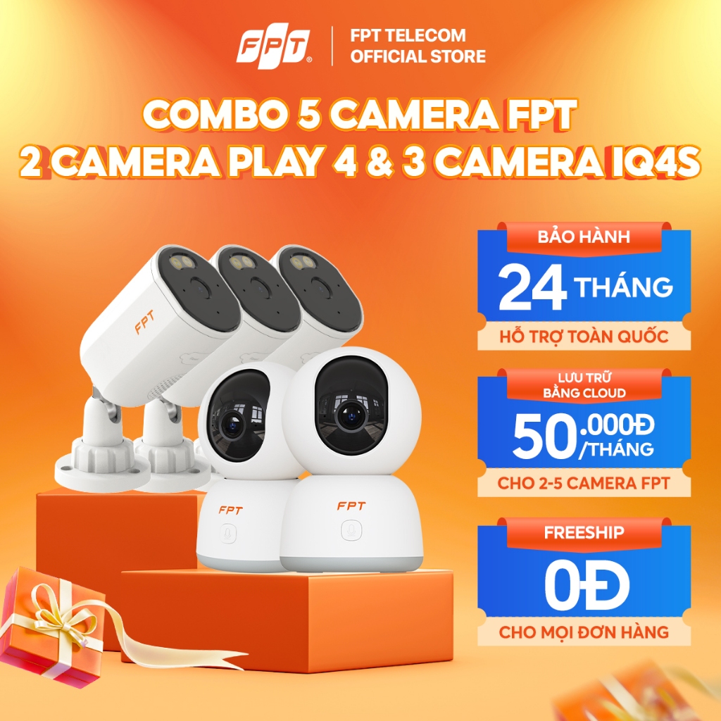 [1 TRIỆU 3 CAM - DEAL ĐỘC QUYỀN] Combo 5 Camera FPT an ninh AI (2 Play 4 & 3 IQ4S) - Lưu Trữ Bằng Cl
